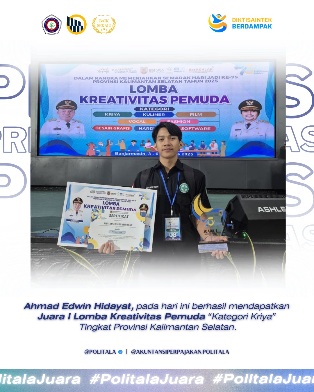 Mahasiswa Akuntansi Perpajakan Politala Raih Juara I Lomba Kreativitas Pemuda Tingkat Provinsi Kalsel